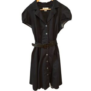 Liz Claiborne Fit & Flare Belted Dress Size 16 Black Button Front Career Classic